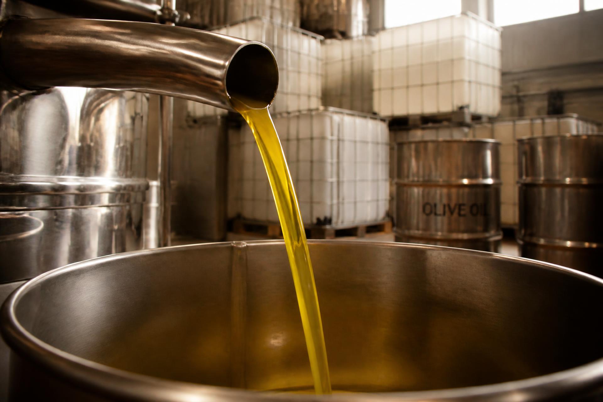 Bulk olive oil being poured inside a food production facility beside stacked ingredient totes and drums